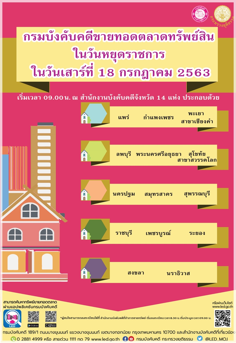 ﻿กรมบังคับคดีจัดขายทอดตลาดทรัพย์สินในวันหยุดราชการ วันเสาร์ที่ 18 กรกฎาคม 2563